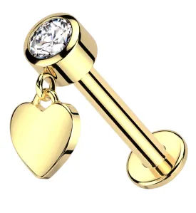 14kt Gold Dangle Heart Clear CZ Internally Threaded Labret