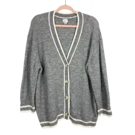 A New Day Gray with Gray/Ivory Striped Trim Button Cardigan Sweater- Size L