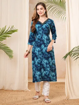 Abstract Tie - Dye Printed & Embroidered Straight Fit Kurta - Blue