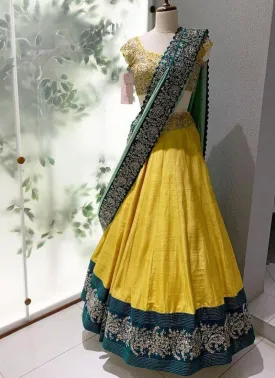 Admirable Mustard Yellow Taffeta Silk Base Embroidered Lehenga Choli