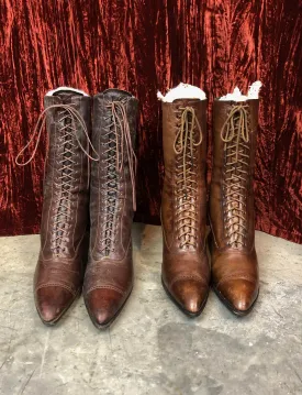 Antique Turn Of The Century Victorian Edwardian Brown Leather Lace Up Boots - Women's 7