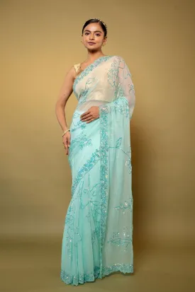 Aqua Blue Chiffon Saree