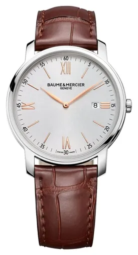 Baume & Mercier Classima Stainless Steel Silver Dial Brown Leather Strap Date Quartz Mens Watch MOA10144