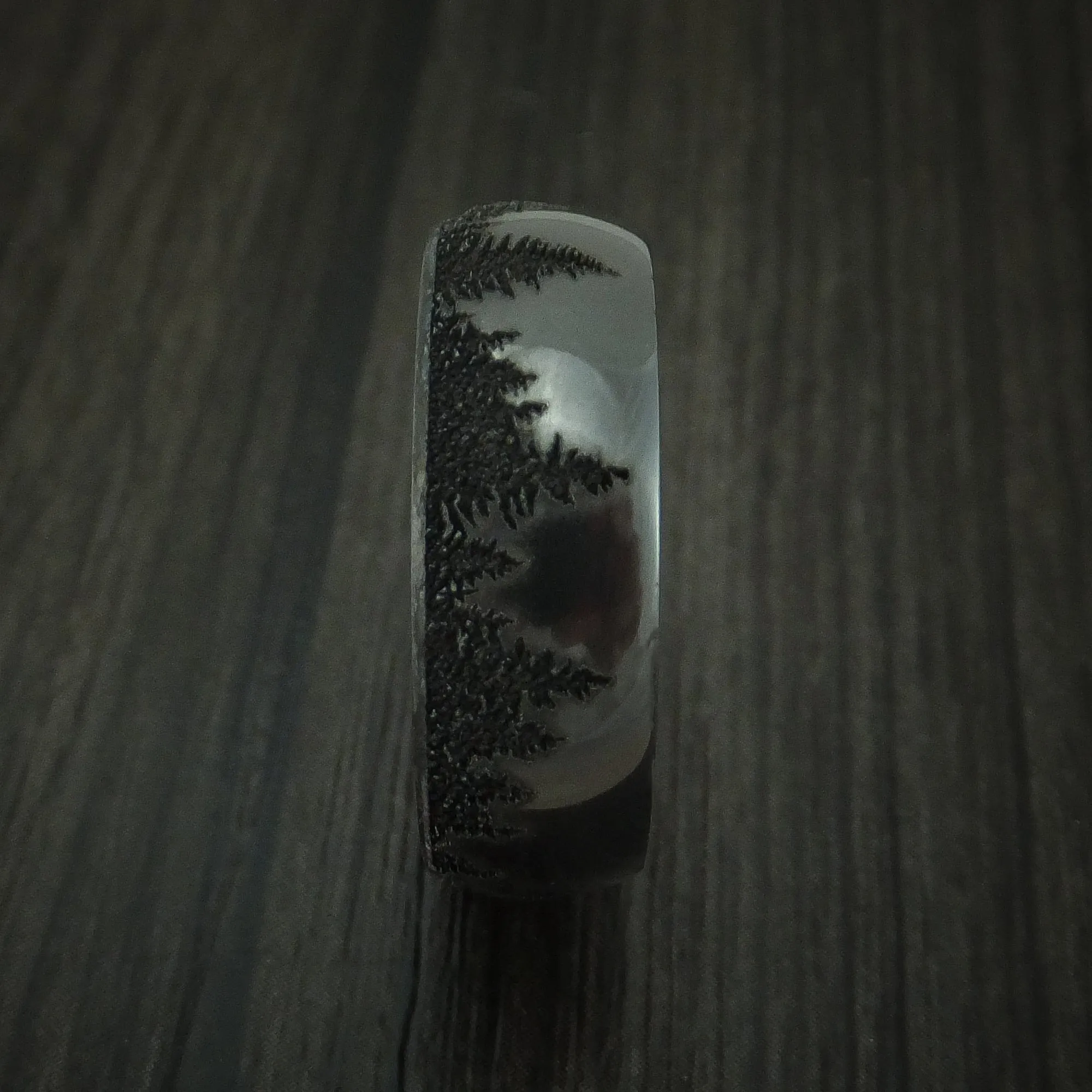 Black Titanium Men's Ring with Spruce Pine Tree Design and Hardwood Sleeve Custom Made Band