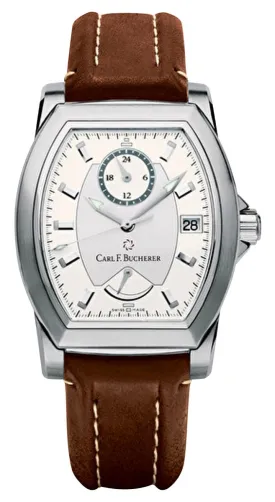 Carl F. Bucherer Patravi T-24 Automatic GMT Stainless Steel Silver Dial Brown Leather Strap Date Power Reserve Mens Watch 00.10612.08.13.01