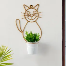 'Cat' Wall Planter Pot In Galvanized Iron (13 Inch, Brass Finish)