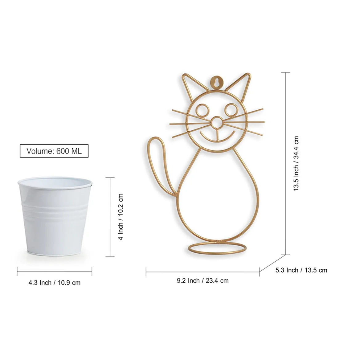 'Cat' Wall Planter Pot In Galvanized Iron (13 Inch, Brass Finish)