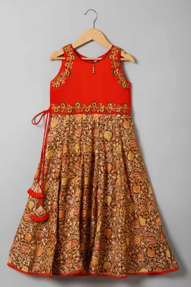 Chittythalli Ethnic Frock with Round Neck Cape Sleeve - Orange & Brown - FR43