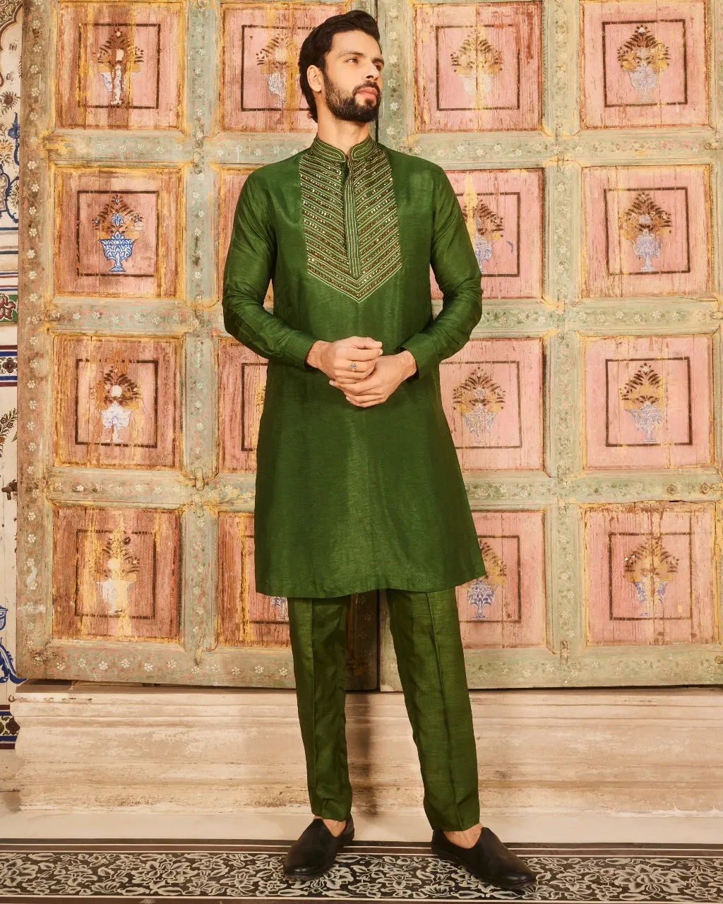 Drake Olive Green Embroidered Kurta Set