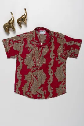 Elegant Boys Chanderi Shirt with Rich Red and Gold Baroque Design - Perfect for Festive Occasions