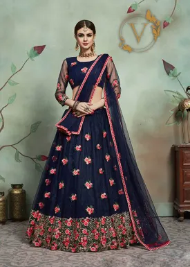 Embroidered Net Lehenga in Navy Blue