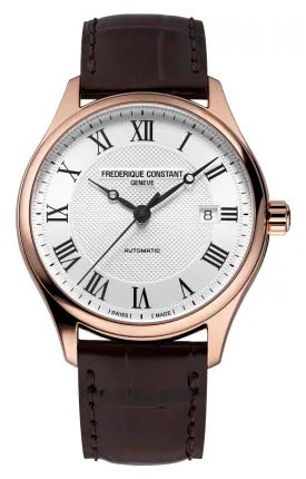 Frederique Constant Classics Automatic Rose Gold PVD Silver Dial Brown Leather Strap Date Mens Watch FC-303MC5B4