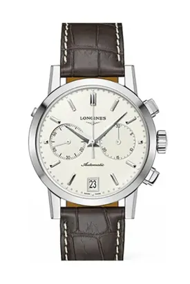 Longines 1832 Automatic Chronograph Stainless Steel Beige Dial Brown Leather Strap Date Mens Watch L4.829.4.92.1