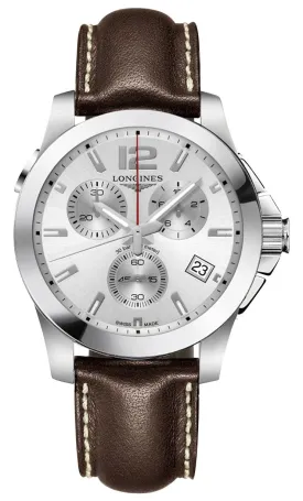 Longines Conquest Chronograph Stainless Steel Silver Dial Brown Leather Strap Date Divers Quartz Mens Watch L3.702.4.76.5