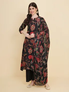 Odette Black Cotton Printed Stitched Kurta Set  For Women