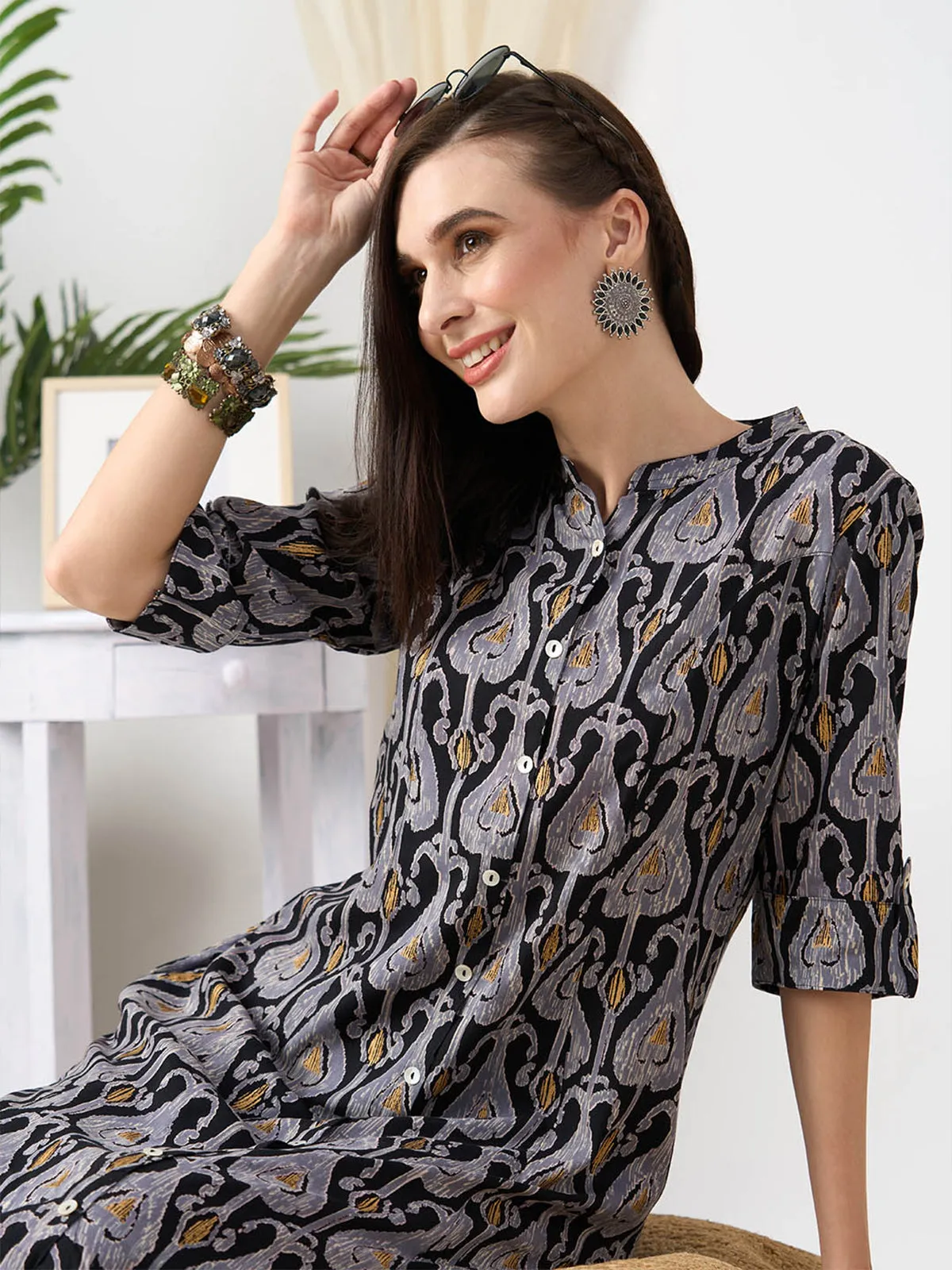 Odette Black Rayon Printed Stitched Kurta for Women