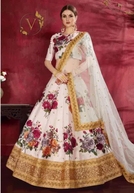 White Digital Floral Print Lehenga Choli with Dupatta